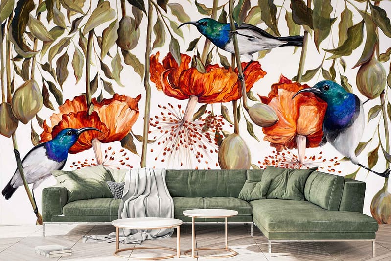 A vibrant mural with colorful hummingbirds, oversized vivid orange flowers in full bloom, and lush green leaves.