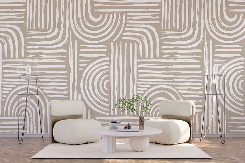 A modern living room features beige and white geometric patterned wallpaper. Key elements include diamond shapes, stripes, and hexagons in shades of beige and white. The design blends classic simplicity with contemporary artistry, creating a visually intriguing backdrop.