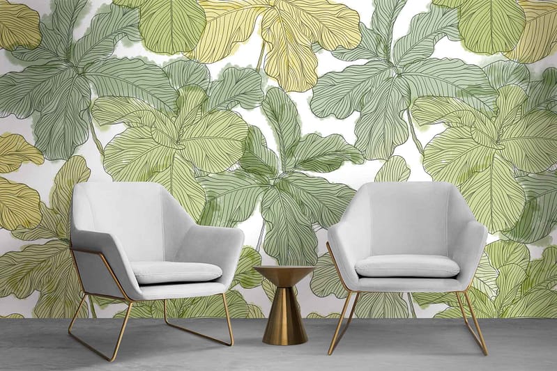 The wallpaper is decorated with an elegant green and yellow palm leaf pattern, perfect for a tropical-inspired design. The lush leaf motifs bring a touch of nature indoors, creating a vibrant, refreshing backdrop for any modern space.