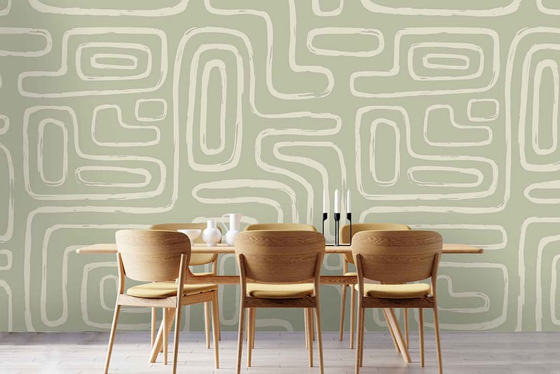 The wallpaper features a light green abstract geometric pattern. It consists of various shapes and angles, creating an intricate design. The primary color is a soft, pastel green, with hints of white integrated into the geometric elements. This combination gives the wallpaper a fresh and modern look.