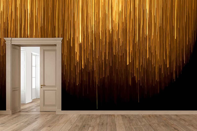 Wallpaper features vertical golden streaks cascading from the top, creating a striking visual effect like hand-painted art.