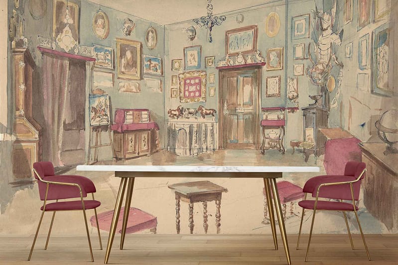 The wallpaper features an elaborate mural of an ornate room filled with framed paintings, sculptures, and an intricate fireplace. Dominant elements include gold and gilded frame details, rich textures of the painted artworks, classical sculptures in shades of white and beige, and a dark wood mantle adorned with decorative motifs. The background includes deep hues like burgundy, olive green, and navy blue to enhance the luxurious feel. The artful design blends seamlessly into the sophisticated ambiance of the dining area with its marble table and wooden floor.