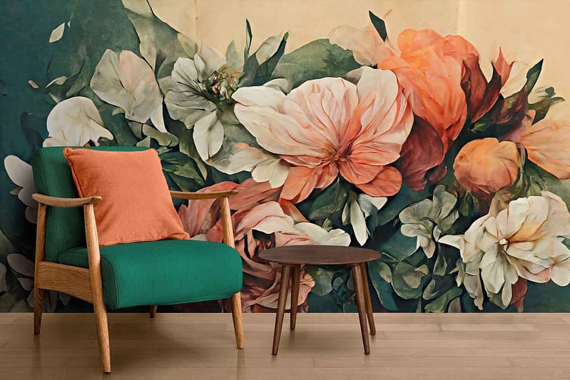 A cozy corner features a stunning wallpaper, showcasing a large, vibrant floral mural. The wallpaper is adorned with oversized, detailed flowers in shades of white, pink, and orange. These colors intertwine in an exquisite display against the backdrop, creating a sweet and inviting atmosphere perfect for any room.