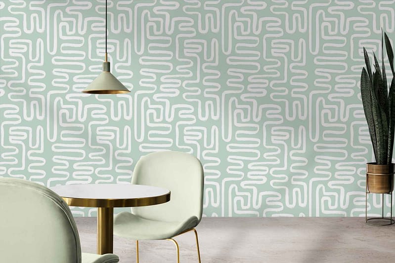 Light green wall, abstract white pattern.
