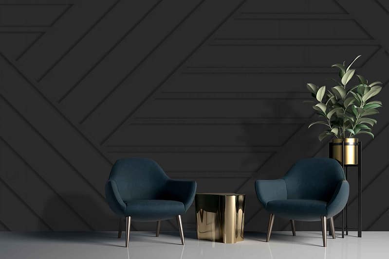 Dark geometric patterned wallpaper with a striking leaf artwork complementing the design.