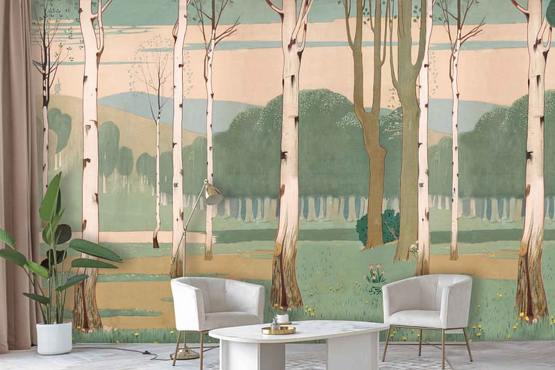 A serene room features a large wall mural depicting a tranquil forest of birch trees with green foliage, showcasing stunning nature art. Highlighted elements: birch trees, green foliage. Colors: green, white.