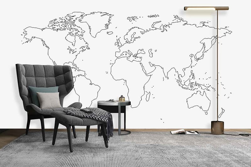 The wallpaper features a sketched map of the world on a white wall. Elements include detailed continent outlines and country borders, all in monochrome shades, primarily black and grey against the white background.