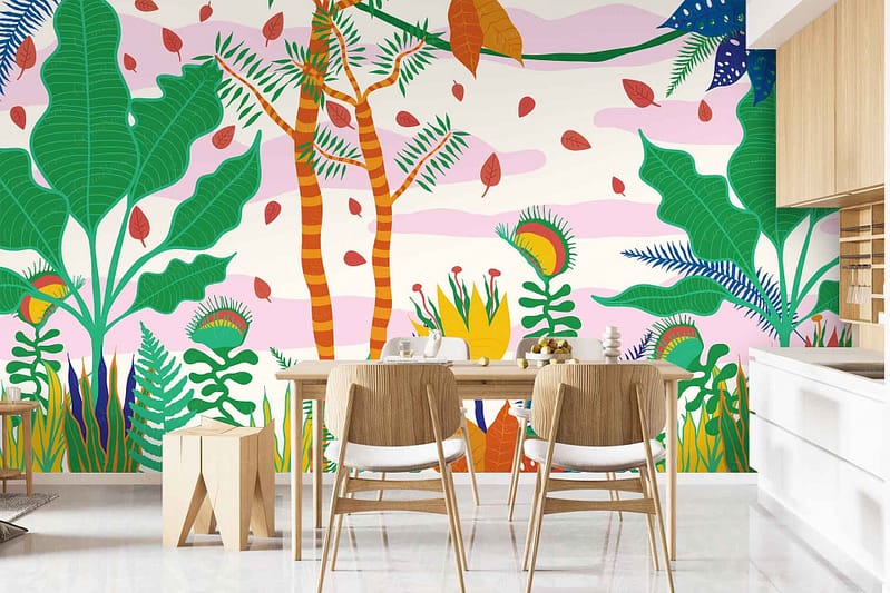 Colorful mural, tropical plants, large green leaves, pink trees, orange trees, vibrant foliage.