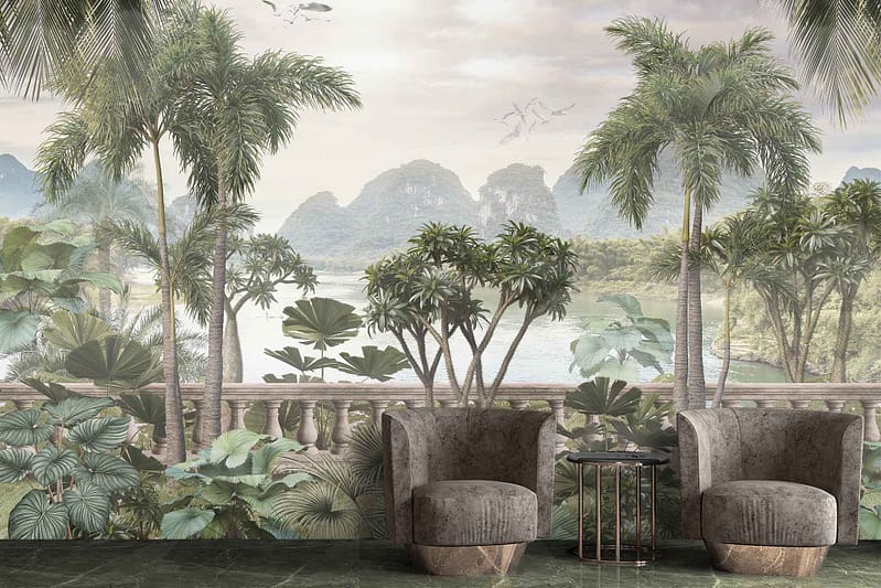 Tropical-themed mural, lush landscape, tall palm trees, dense foliage, misty mountains, green hues, natural elements.