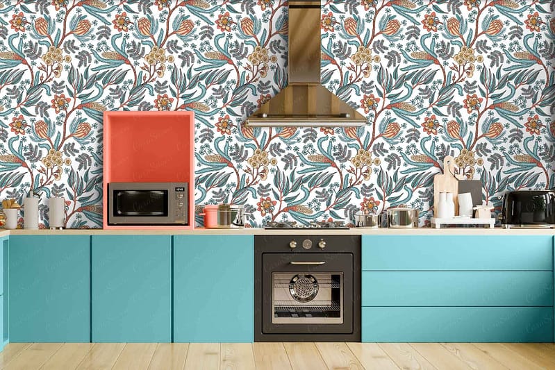 The wallpaper features a floral pattern with intricate designs reminiscent of historical drama scenes. Key elements include flowers, vines, and leaves in soft pastel colors like blush pink, lavender, sage green, and cream against a muted background. This detailed and vibrant pattern evokes a vintage charm and elegance.