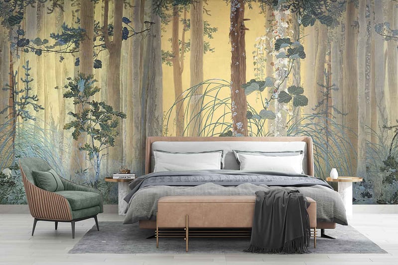 The wallpaper is a mural depicting a lush forest scene. It features tall trees, various plants, and rich greenery, creating a serene ambiance. The colors include deep greens, earthy browns, and subtle highlights of sunlight filtering through the foliage.