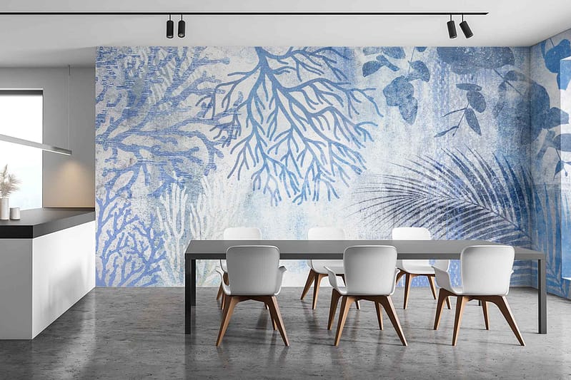 Large blue and white mural, botanical patterns, coral patterns, tranquility of deep waters, serenity.