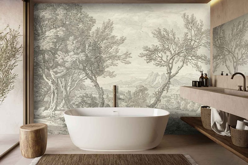 The wallpaper behind the bathtub features a scenic mural with trees and mountains, primarily showcasing earthy greens, calming blues, and warm browns.