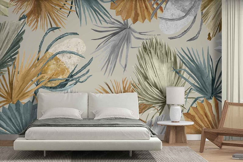 colorful mural, large palm leaves, overlapping design, shades of blue, green, orange, gray