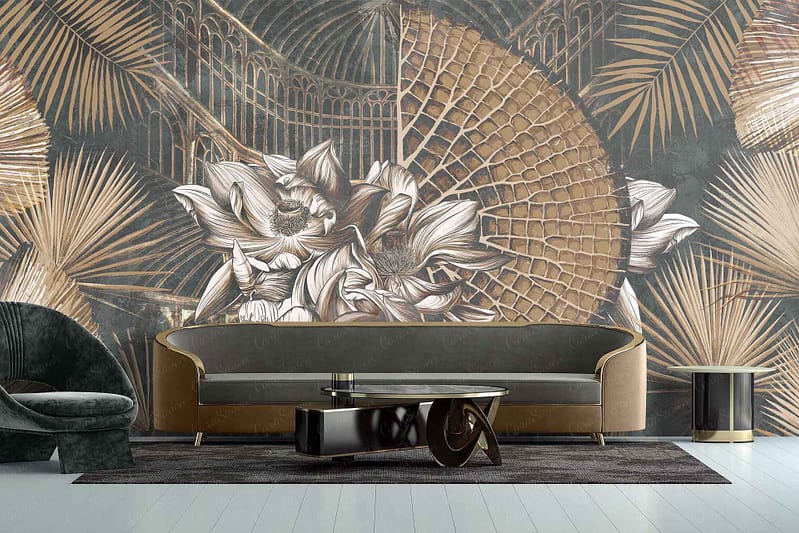 The wallpaper in this luxurious living room showcases intricate abstract gold and white floral and geometric patterns. It features detailed florals intertwined with sophisticated geometric shapes, all set against a backdrop of rich gold hues. The opulent design immediately evokes a classic elegance reminiscent of an Outlander scene.