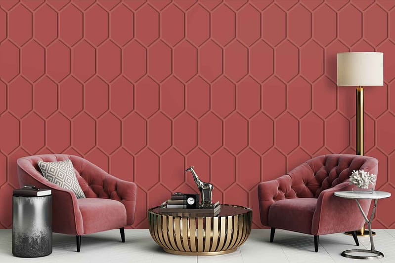 The wallpaper on the red wall features a geometric pattern. Elements include interlocking shapes and clean lines. The colors are primarily red, with accents of white and black within the geometric design.