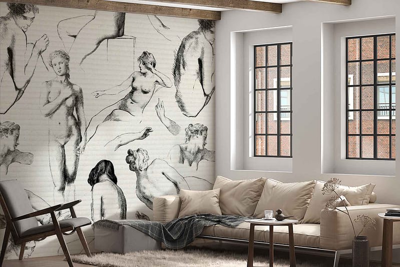 The wallpaper features a large sketch-style mural of various nude human figures on a white background. The mural showcases detailed, delicate line work primarily in black and shades of gray, creating an artistic and dynamic visual effect. The figures vary in pose and expression, adding depth and interest to the room's ambiance.