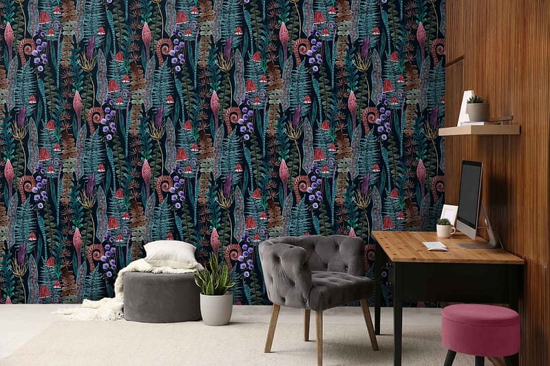The vibrant, Outlander-inspired tropical-themed wallpaper boasts an array of plants and flowers in dark hues. Elements include ferns, palm leaves, orchids, and hibiscus blossoms. Colors range from deep greens and rich blues to velvety purples and maroon accents.