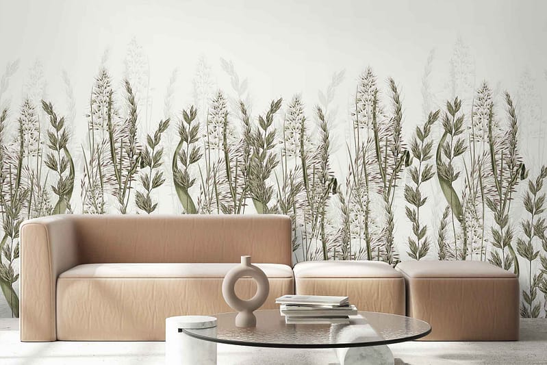 The wallpaper features a botanical mural with green and white floral patterns, showcasing various elements of nature. The lush greenery and delicate white flowers are intricately detailed, bringing an organic touch to the space.