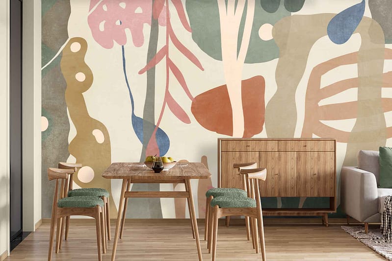 The wallpaper is a vibrant, abstract mural in earthy tones inspired by scenes from Outlander. It features shades of brown, green, and rust with fluid, organic shapes and patterns.
