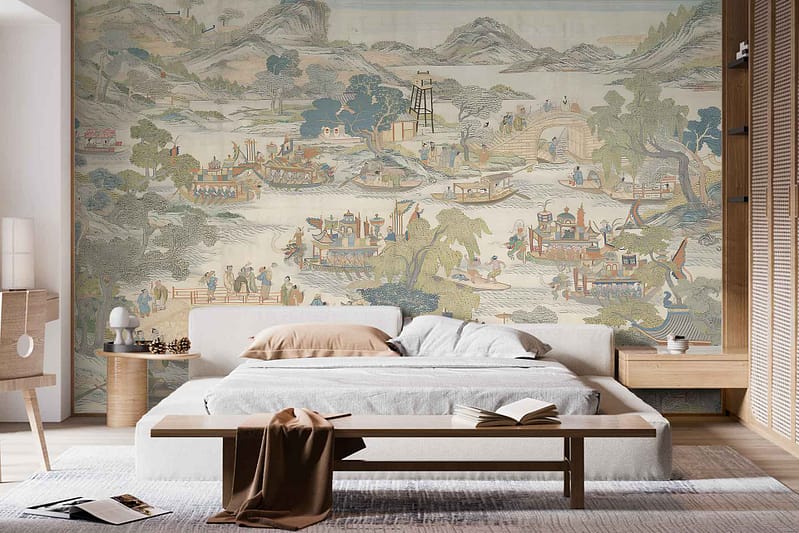 A modern bedroom showcases a large, wall-sized mural with an intricate, historical Asian landscape scene. The wallpaper features soft colors and delicate elements including boats, people, and mountains. This serene mural acts as the focal point of the room, with hues and details tying the space together seamlessly.