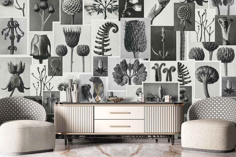 The wallpaper behind the cabinet features a collage of black-and-white botanical illustrations inspired by the historical drama series Outlander.