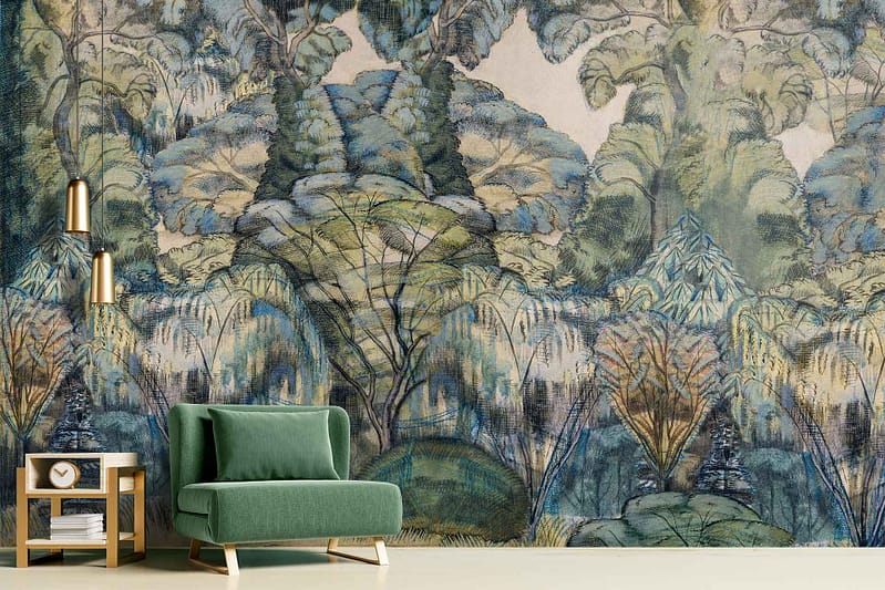 A room featuring forest-themed wallpaper with intricate trees, lush greenery, and majestic mountain designs. Colors include rich greens, earthy browns, hints of gold and white accents emulating nature. This wall decor brings the beauty of dense forests and grand landscapes into the interior space.