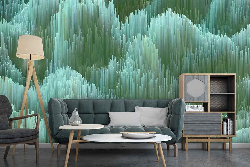 Modern living room features a green and teal abstract wallpaper with vertical lines. Shades of green and teal dominate the design, creating a dynamic backdrop. Pops of lighter hues accentuate the vertical patterns against darker tones. This distinctive mix ensures a contemporary yet tranquil atmosphere enhanced by the wallpaper’s striking elements and colors.