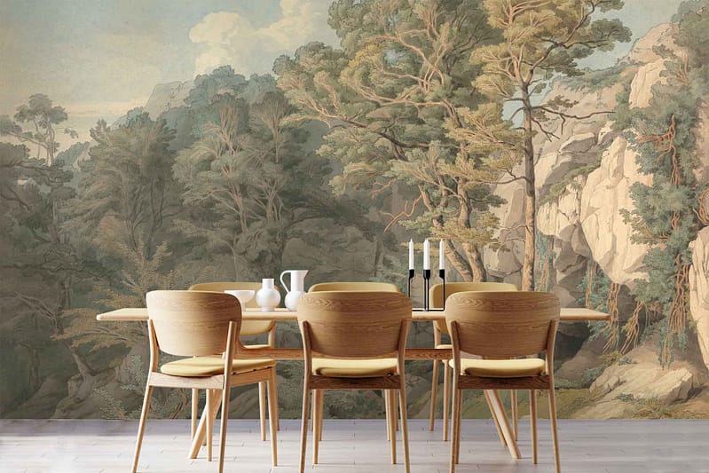 The wallpaper features a detailed mural of a lush forest landscape, with rich greens and earthy browns. It includes intricately painted trees, shrubs, and foliage reminiscent of *Outlander* scenes. Pops of soft mossy greens blend with darker shades for depth. Subtle highlights include beams of sunlight filtering through the canopy and occasional woodland creatures peeking through the brush.