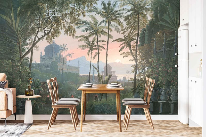 A large, intricately detailed wall mural features a lush, tropical landscape. Elements include palm trees, distant mountains, and an ornate dome-shaped building. The sky is pastel-hued, evoking the mythical Fountain of Youth. Key colors: green (palm trees), blue and pink pastels (sky), earthy tones (mountains and building).