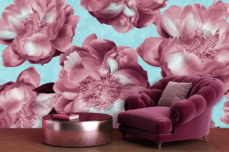 Wallpaper features oversized pink peony blossoms against a soft turquoise background, creating a floating effect. Key colors: pink and turquoise.