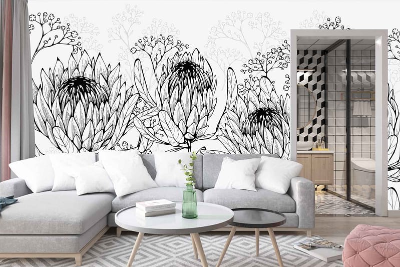 A large black-and-white floral mural featuring intricate and detailed flower patterns.