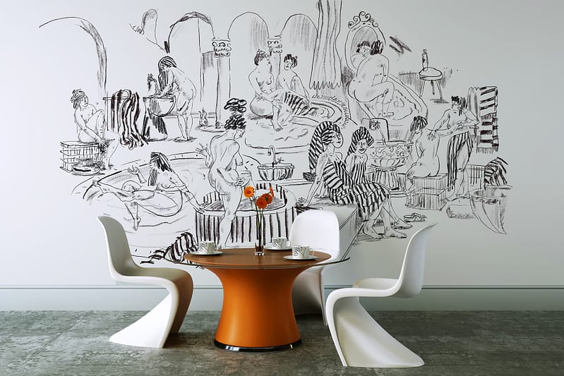 The wallpaper features a large, detailed mural titled "The Bathers," rendered in a black and white sketch style. It depicts people bathing, washing clothes, and engaging in various communal activities. The intricate line work and shading create a dynamic sense of movement and community life.