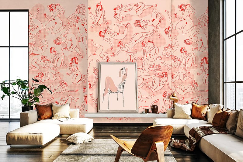A modern living room features an eclectic wallpaper adorned with various red line drawings of nude figures in different poses. The detailed artwork creates a bold, artistic backdrop, with expressive red lines tracing the human form on a neutral base. This engaging design adds a dynamic and creative flair to the space.