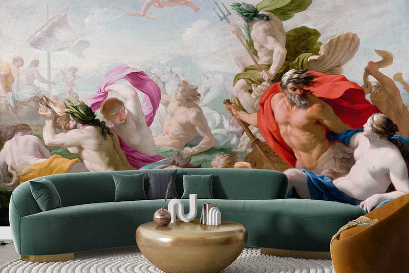 A dramatic wall mural with rich, deep tones showcasing an ancient mythological scene featuring regal figures and mythical beings. The intricate design includes lush golds, royal blues, greens, and earthy browns. The wallpaper's detailed textures bring to life characters with crowns and robes amidst swirling celestial elements. Vibrant reds and majestic purples add depth to the mythical tableau.