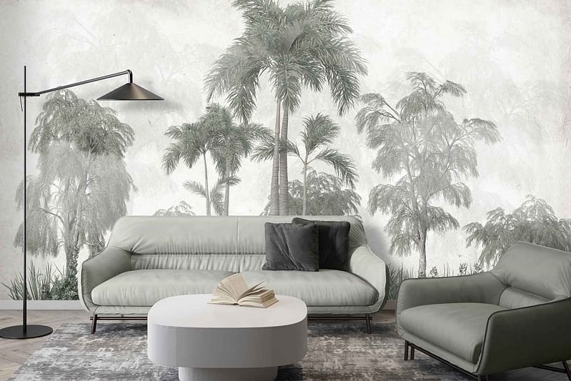A wall mural features tropical palm trees in muted colors perfect for The Traveller's modern living room. Highlighted elements include palm trees and a subtle, muted palette.