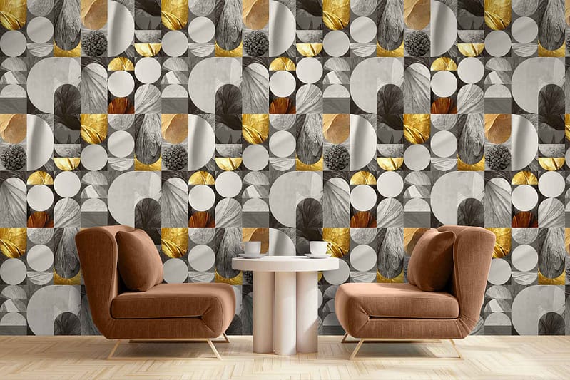 The wallpaper features a bold geometric pattern with shapes in gray, gold, and white tones. The design includes interlocking forms and lines that create a visually striking backdrop.