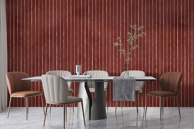 Red wallpaper with vertical white stripes.