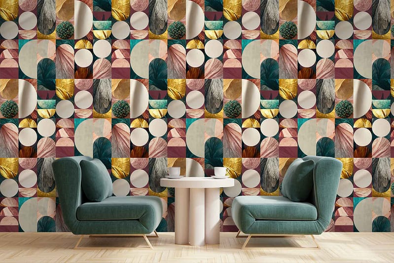The wallpaper features a vibrant combination of geometric patterns with overlapping circles in gold, teal, pink, and burgundy hues. It includes varied textures that create a visually stimulating backdrop.