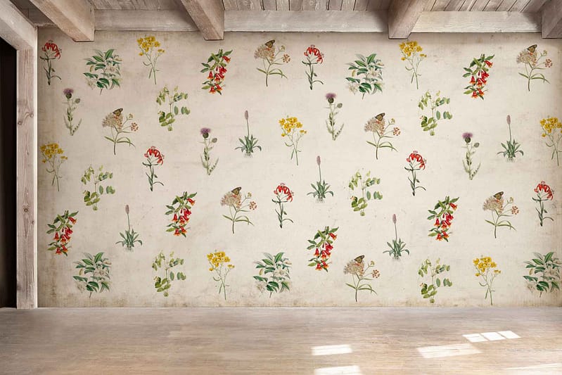 Wallpaper: beige background, delicate floral pattern, colorful flowers (red, blue, pink, yellow), evenly spaced design, charming vintage feel.