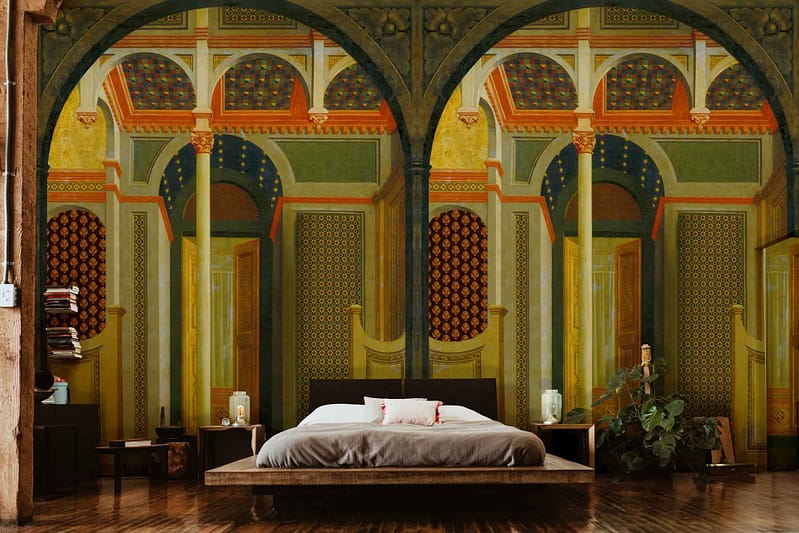 The wallpaper boasts intricate, ancient arching designs and patterns in vivid colors, evoking a palace-like ambiance with its ornate details reminiscent of a timeless relic.