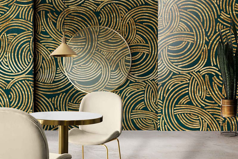 Wallpaper: Bold geometric swirl pattern, colors are gold and dark green.