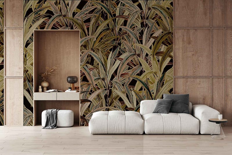 Large botanical wallpaper featuring tropical leaves in green and brown tones reflecting True Autumn colors.