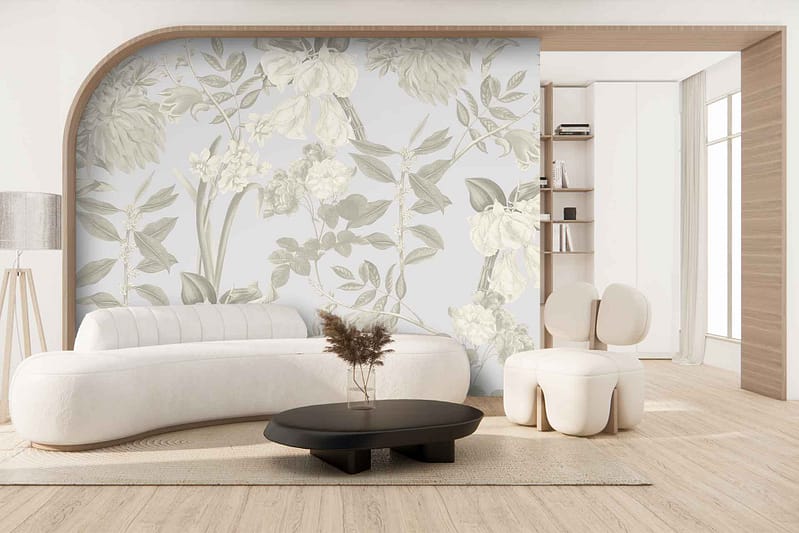 Large gray floral mural with green accents.