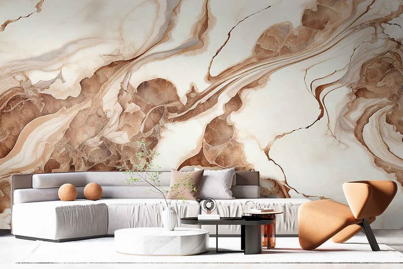 The large abstract wall mural showcases swirling patterns in beige and brown hues.