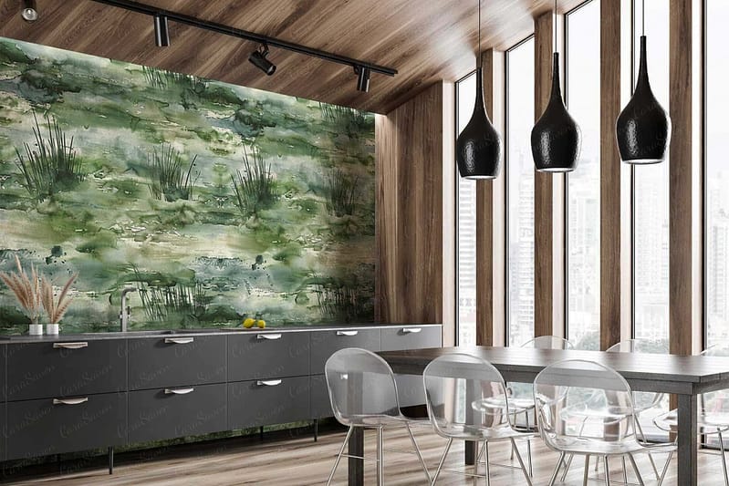 Decorated with a nature-inspired green mural, the modern kitchen's wallpaper features varying shades of green that evoke lush foliage and serene natural landscapes. Hints of earthy browns, delicate floral whites, and accents of soft blues add depth and interest. The intricate design captures the essence of a tranquil garden, blending seamlessly with any space looking to incorporate elements of natural beauty.