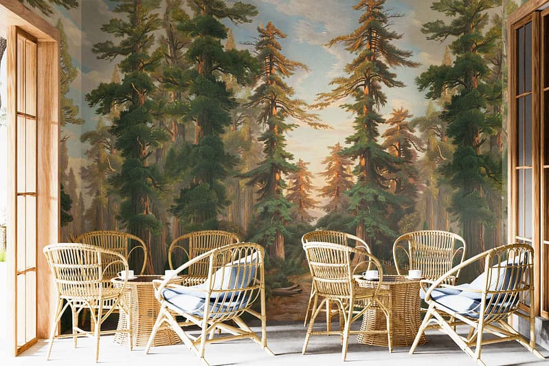 Mural wallpaper features tall, lush green trees under a partly cloudy sky. The design creates a tranquil, countryside ambiance. Key elements: trees, greenery, partly cloudy sky. Main colors: green and light blue.