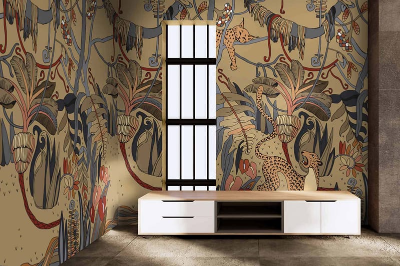 The vibrant, whimsical wallpaper in the room features stylized jungle scenes with animals and plants. The colors prominently include earthy browns, blues, and reds.