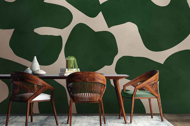 The wallpaper features an abstract pattern in green and beige hues. The design includes flowing, organic shapes that create a dynamic yet soothing visual effect. The color palette balances the vibrancy of green with the soft, neutral tones of beige.