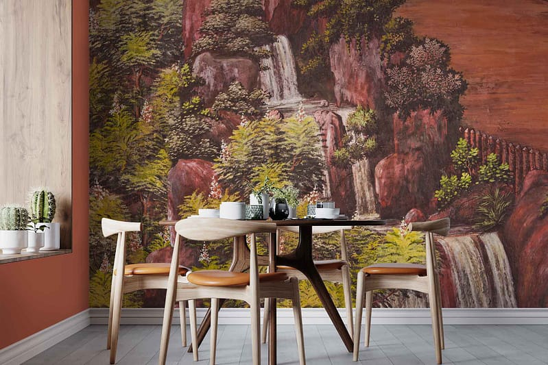 Wallpaper features a lush, forested landscape with a cascading waterfall. It includes shades of green from the dense foliage, deep blues and whites in the waterfall, and earthy browns from tree trunks and forest floor. The scene depicts natural serenity with an emphasis on rich, natural tones.